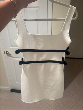 Zara Classic White Square-Neck Mini Dress with Black Ribbon Accents